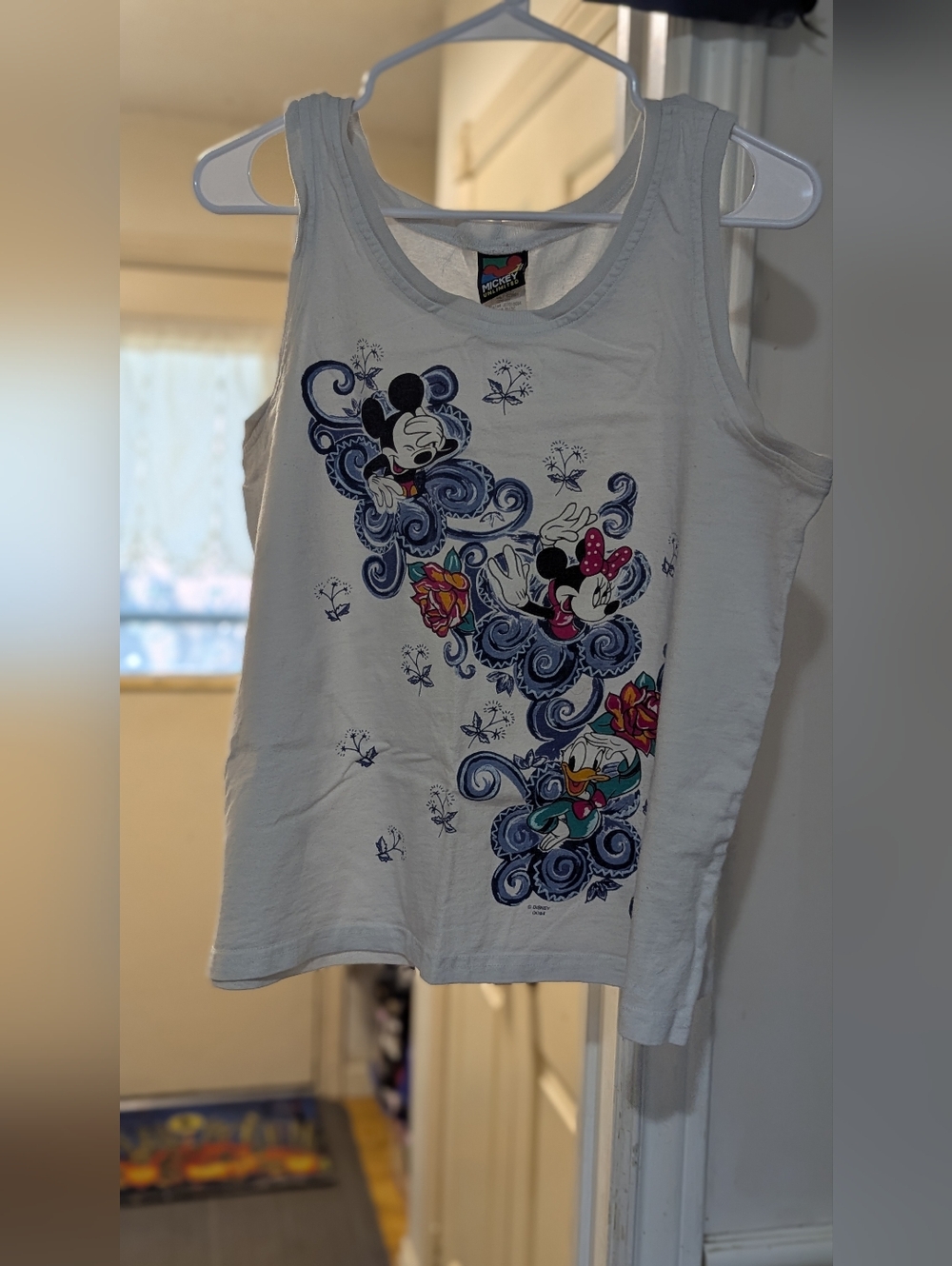 Vintage Disney White Tank with Minnie, Mickey & Minnie Swirl Graphic